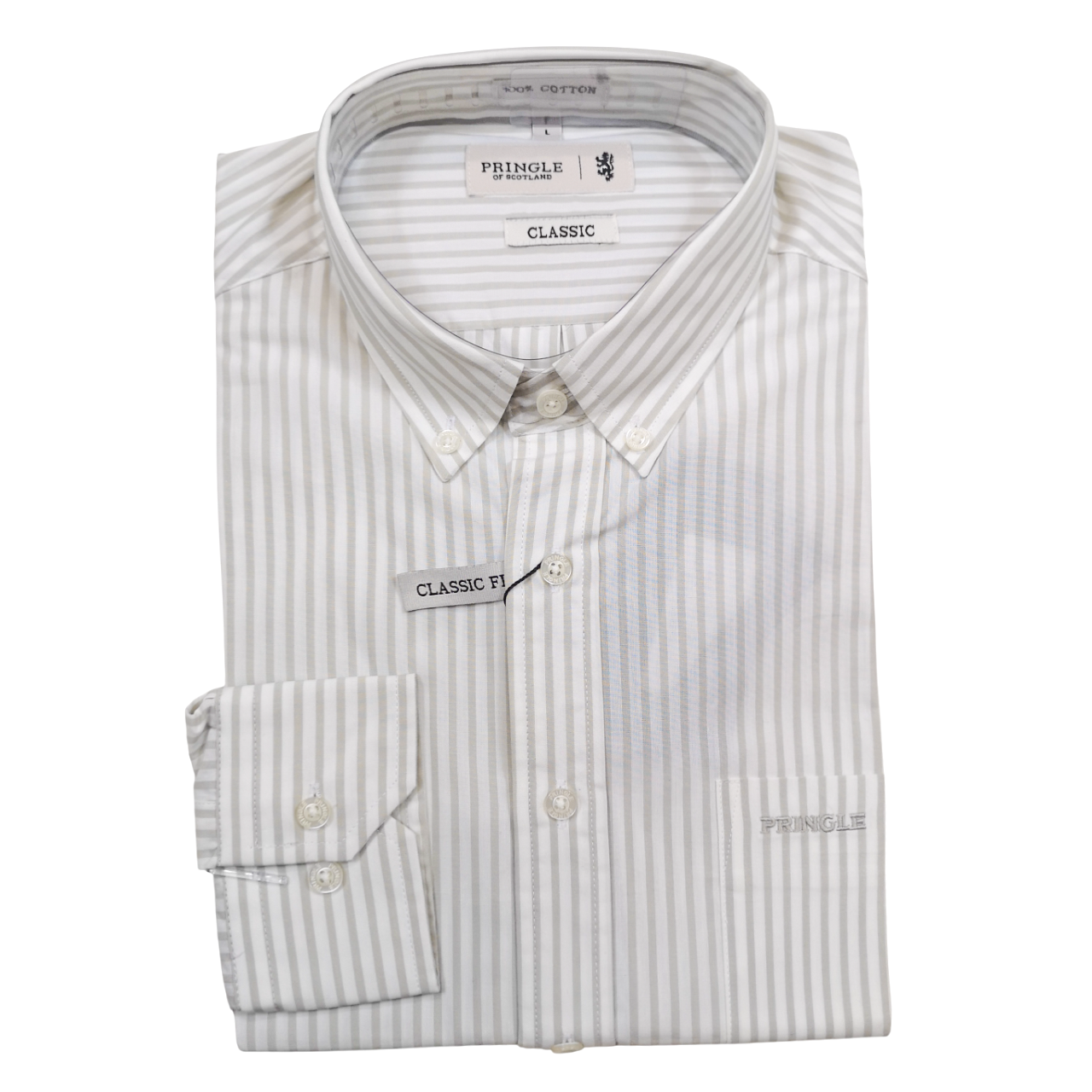 Pringle White Grey Stripe LS Shirt Classic Reg Fit